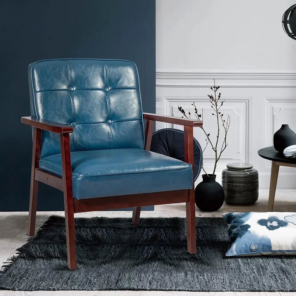 Belmont Collection | Sculptural Leather-Wrapped Cognac Leather Accent Chair - exhibiting shadow play and geometric silhouette detail in a Mid-Century Modern living room setting.
