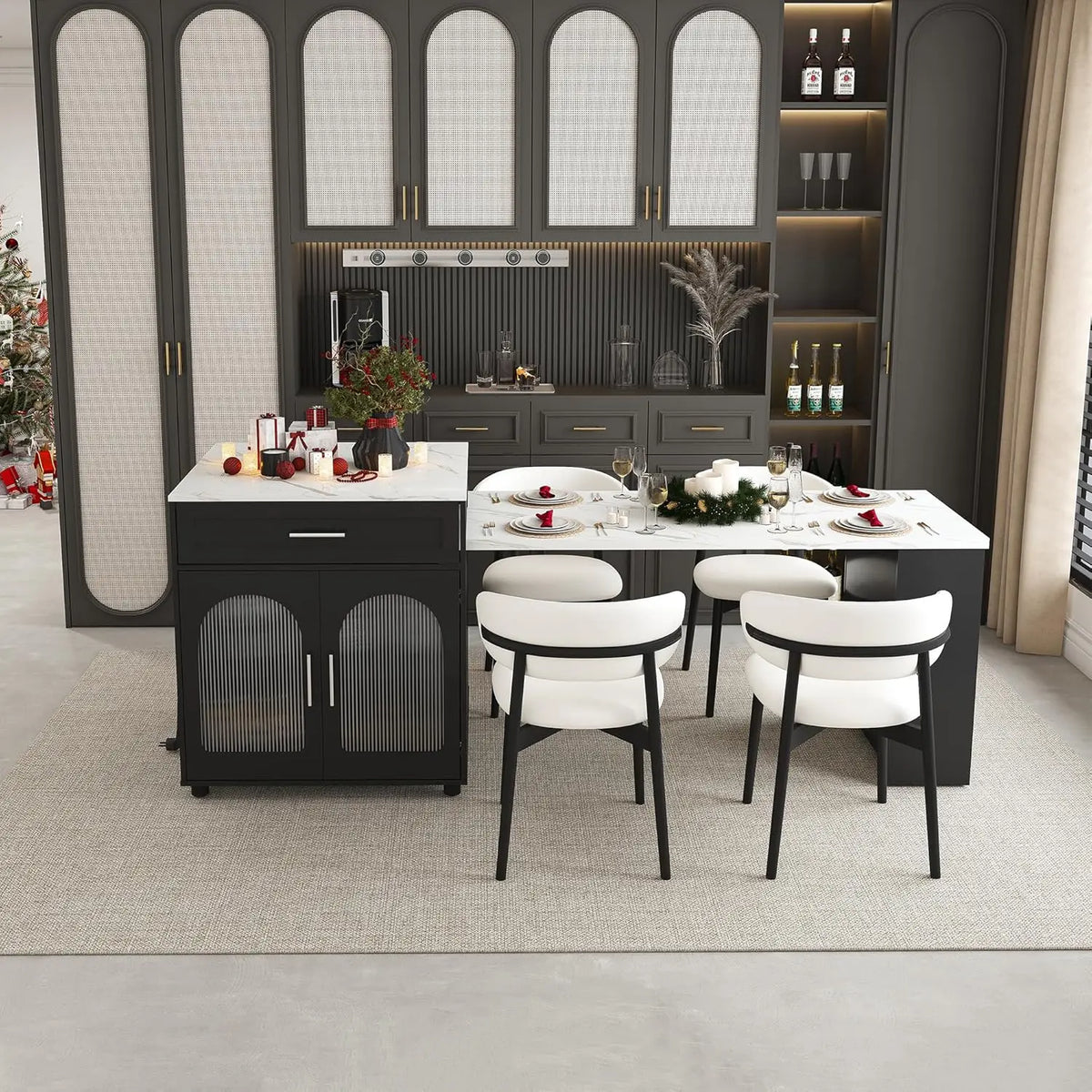 Ellington Collection | Tapered-Leg Brass-Accented Walnut Kitchen Island - styled from an alternate angle revealing dimensional depth in a Mid-Century Modern kitchen setting.
