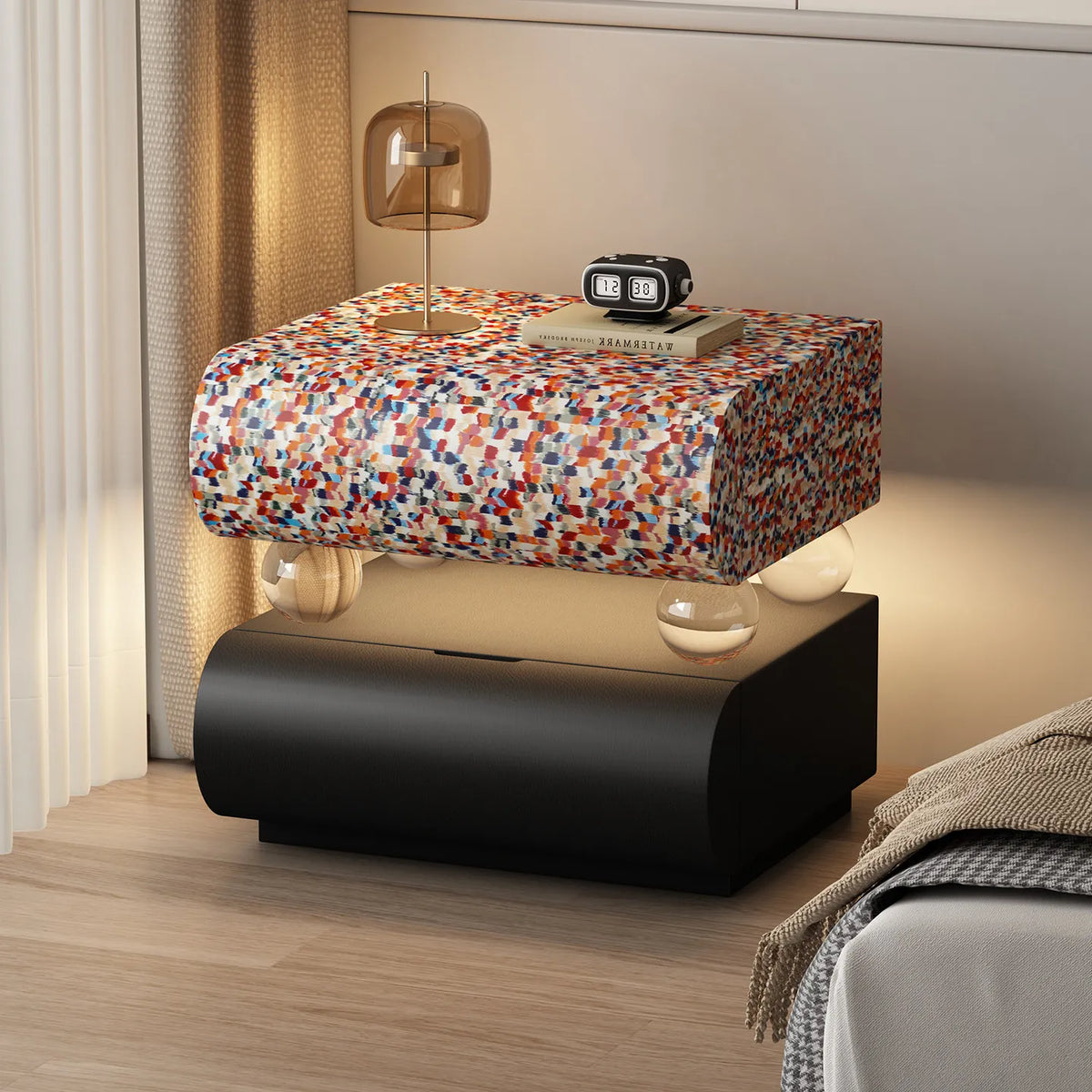 Belmont Collection | Tapered-Leg Nordic Nordic Bedside Table - detail view 14 revealing design nuance in a Mid-Century Modern bedroom setting.