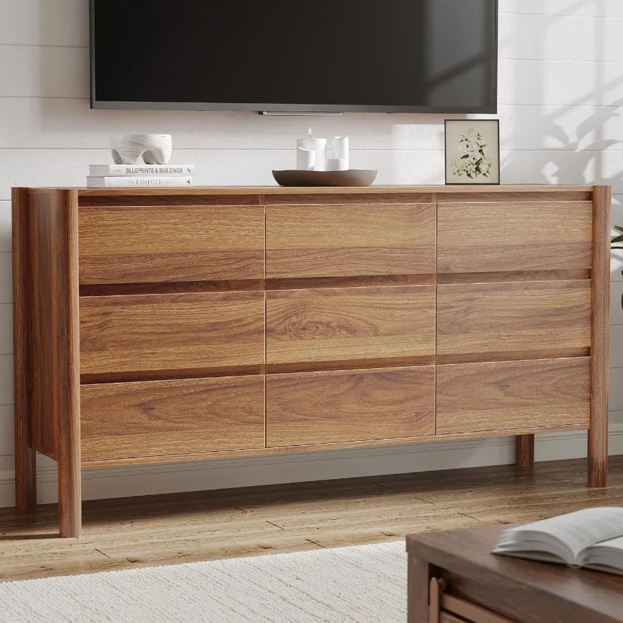 Dresden Collection | Panoramic Danish-Inspired Walnut Dresser - featuring close-up joinery and artisanal finish quality in a Mid-Century Modern bedroom setting.