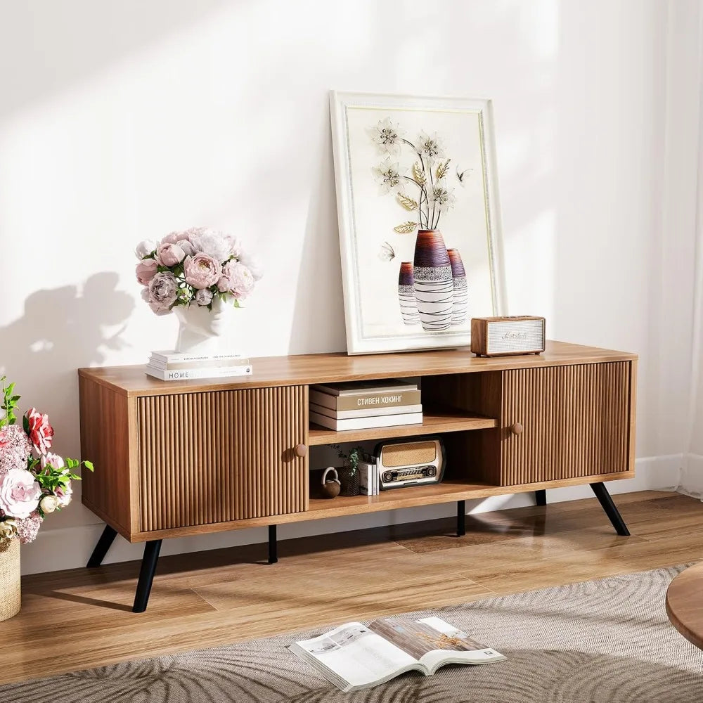 Valencia Collection | Low-Profile Brass-Accented Walnut Media Console - showcasing full sculptural form and curated finish in a Mid-Century Modern entryway setting.