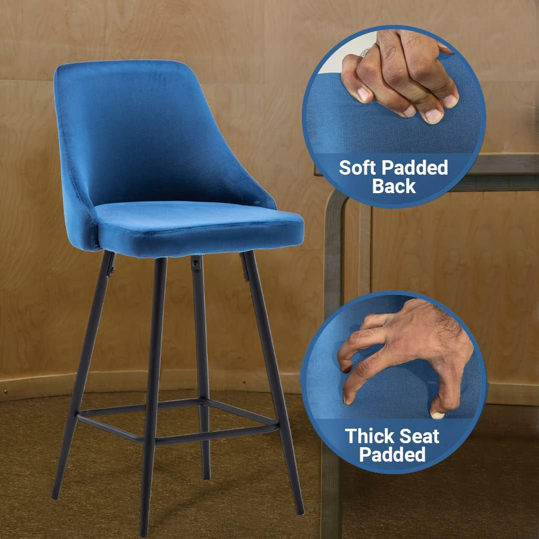 Set of 2,Premium Upholstered Dining 25" Seat Height, High Back Count Stool Bar Chairs, Pack Blue Velvet Barstools