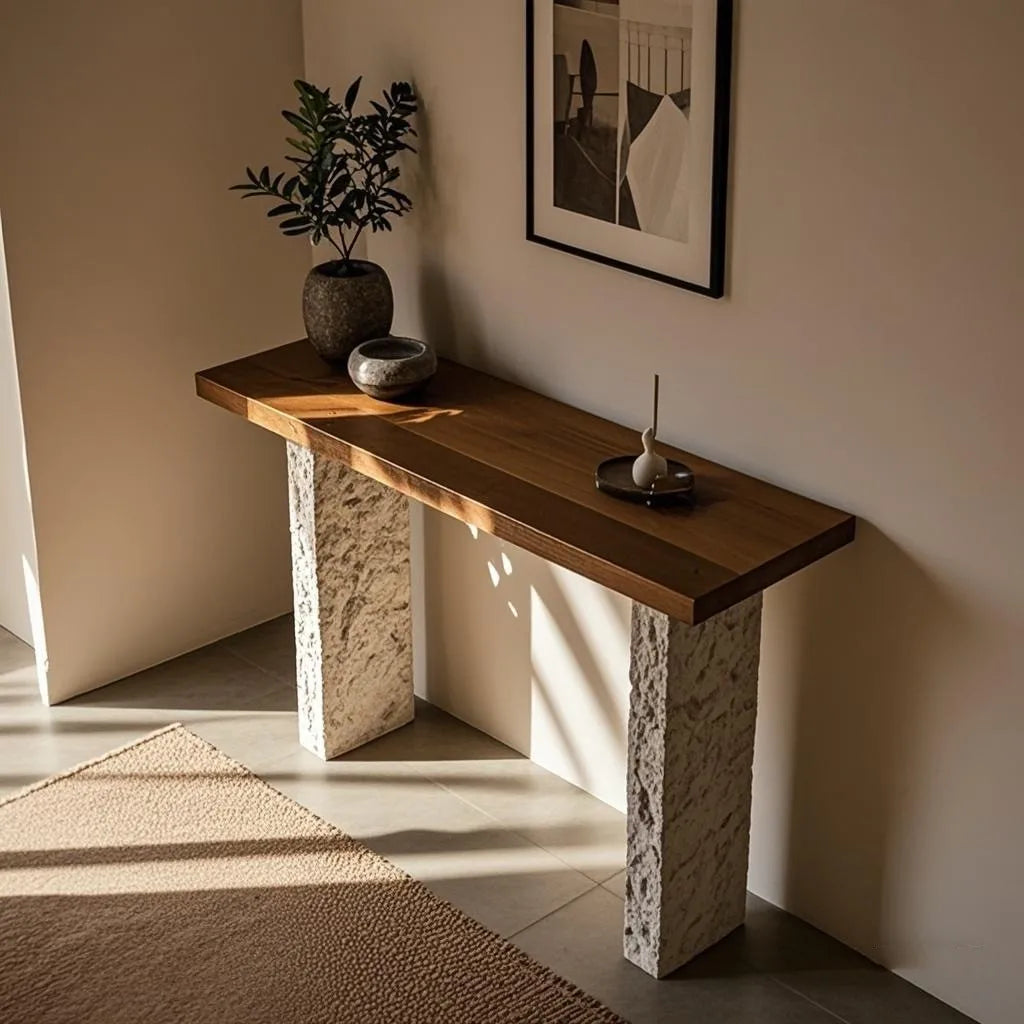 Fontaine Collection | Tapered-Leg Japanese-Inspired Wabi-Sabi Console - showcasing form and function in daily use context in a Mid-Century Modern entryway setting.