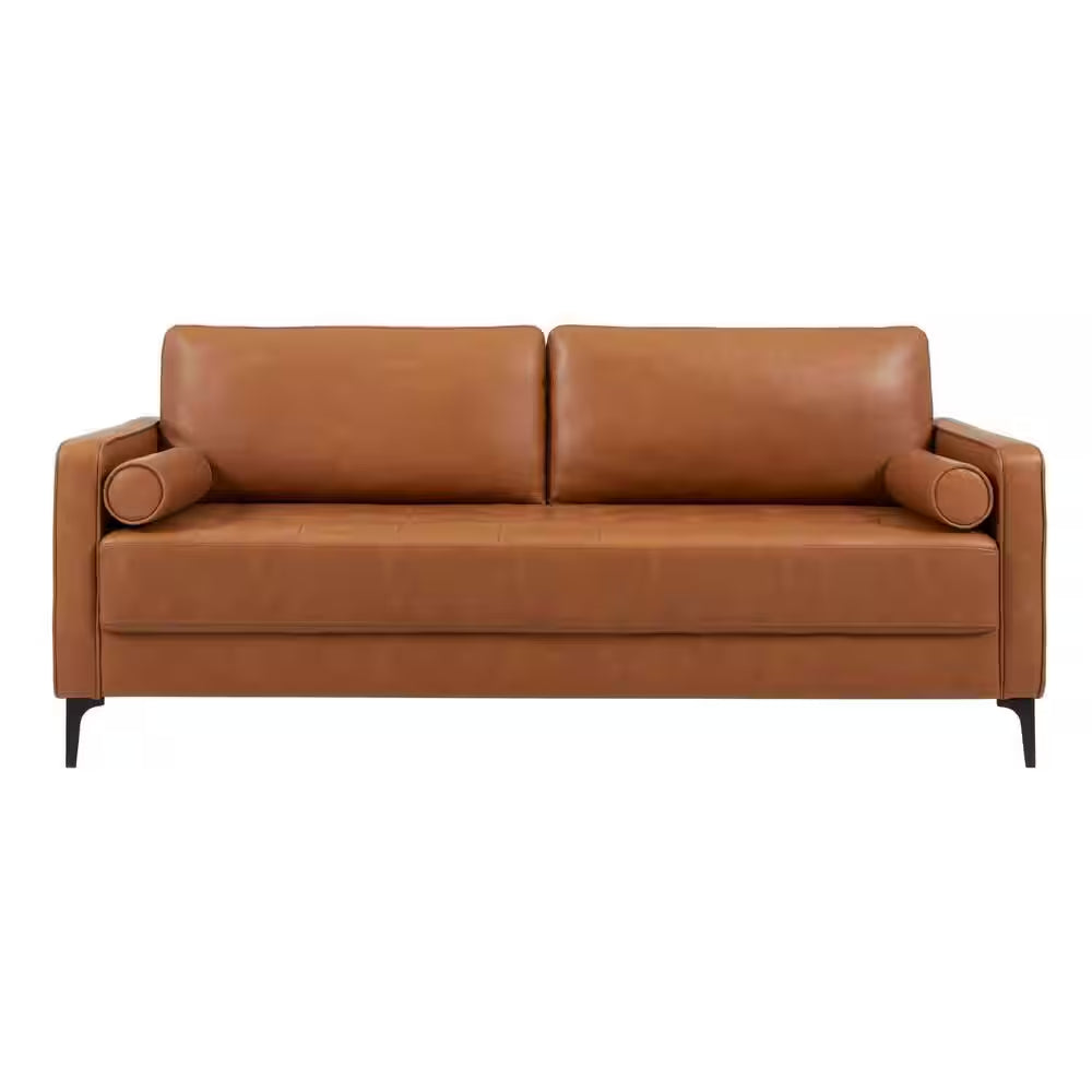 Goodwin 75.6 In. Square Arm Faux Leather Mid-Century Modern Sofa with Bolster Pillows in Caramel Brown