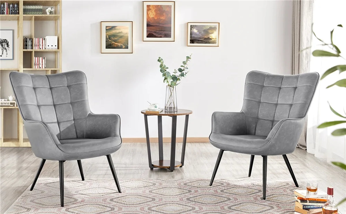 Mid-Century Modern Faux Leather Wingback Accent Chair, Set of 2, Gray