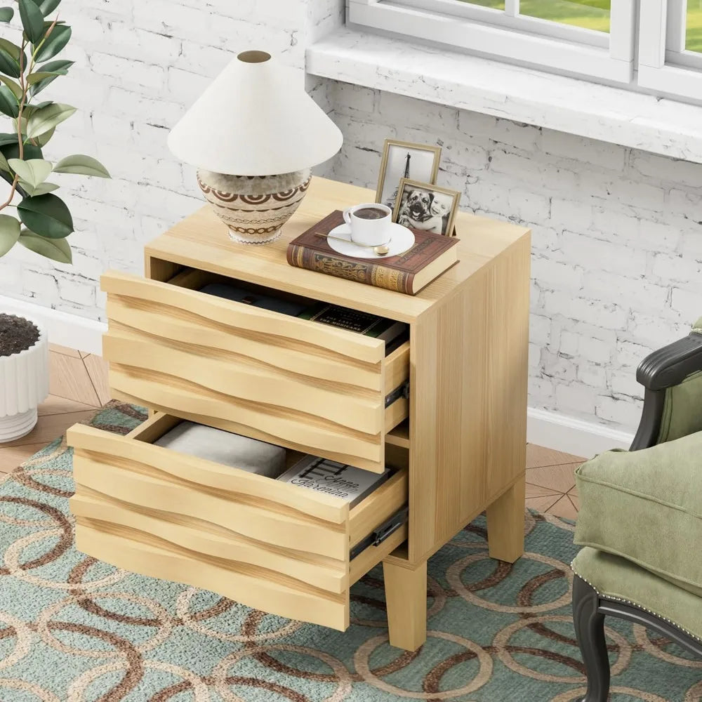 Dresden Collection | Petite Fluted Walnut Nightstand - styled from an alternate angle revealing dimensional depth in a Mid-Century Modern bedroom setting.