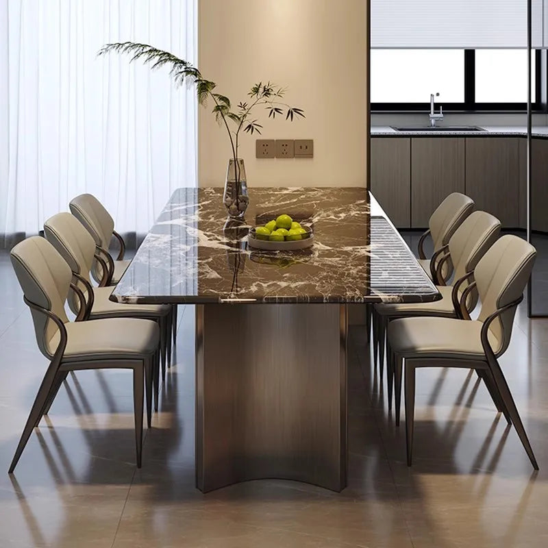 Belmont Collection | Geometric Marble-Topped Carrara Marble Dining Table - featuring close-up joinery and artisanal finish quality in a Mid-Century Modern dining room setting.