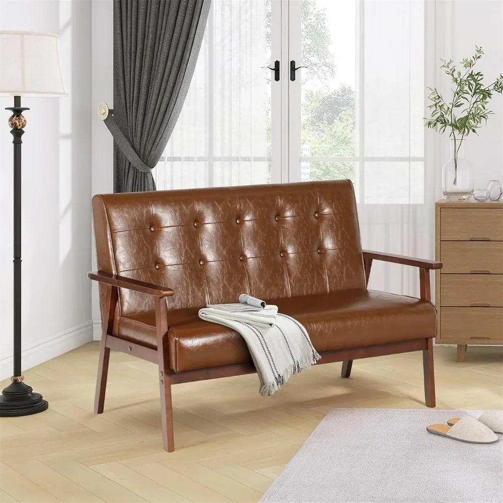 Belmont Collection | Geometric Leather-Wrapped Leather & Walnut Loveseat - featuring close-up joinery and artisanal finish quality in a Mid-Century Modern living room setting.