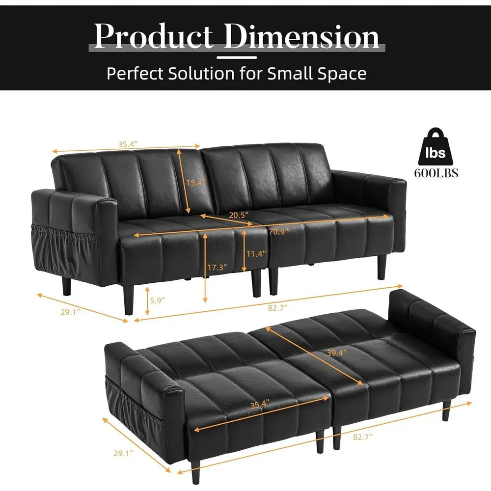 Dresden Collection | Geometric Leather-Wrapped Ebony Faux Leather Futon - captured in a curated lifestyle vignette in a Mid-Century Modern living room setting.