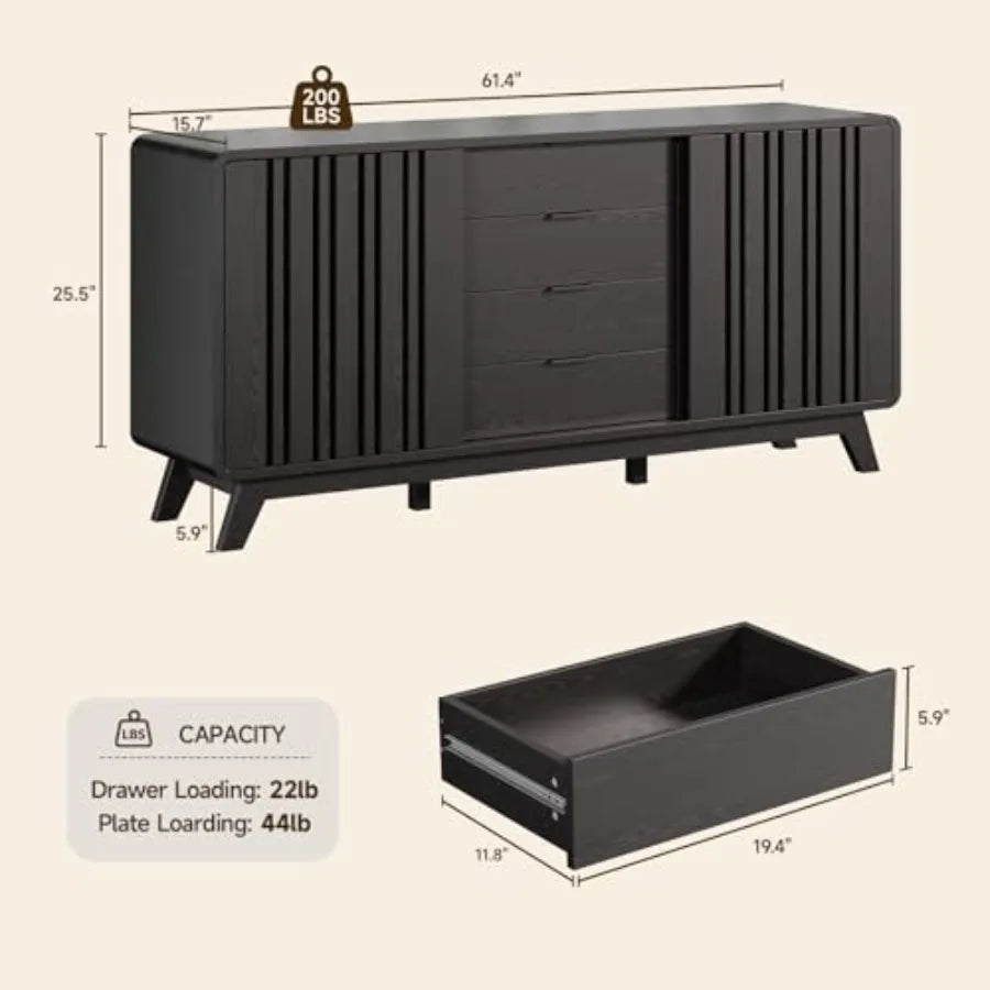 Cordoba Collection | Fluted Brass-Accented Walnut Sideboard - styled from an alternate angle revealing dimensional depth in a Mid-Century Modern living room setting.