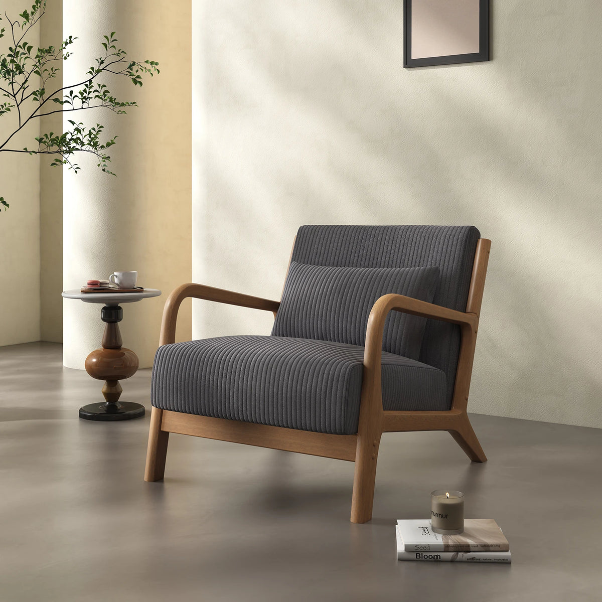 Dresden Collection | Sculptural Velvet-Cushioned Velvet Accent Chair - demonstrating proportional harmony within the collection in a Mid-Century Modern living room setting.