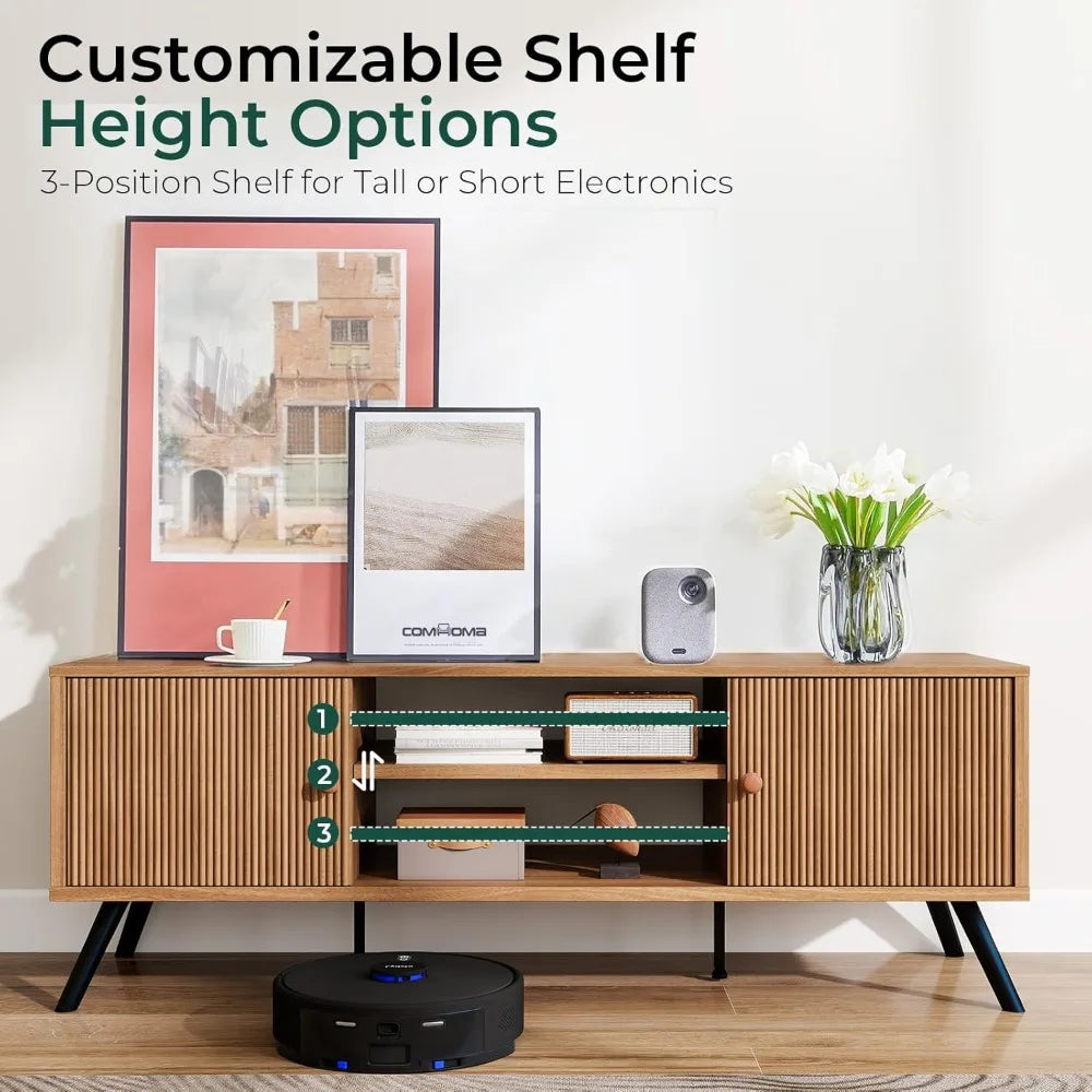 Valencia Collection | Low-Profile Brass-Accented Walnut Media Console - featuring close-up joinery and artisanal finish quality in a Mid-Century Modern entryway setting.
