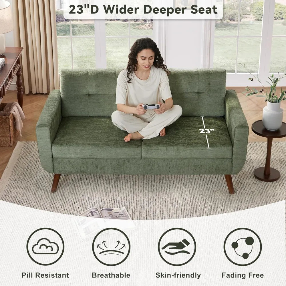 Ellington Collection | Panoramic Tapered-Leg Walnut Loveseat - captured in a curated lifestyle vignette in a Mid-Century Modern living room setting.