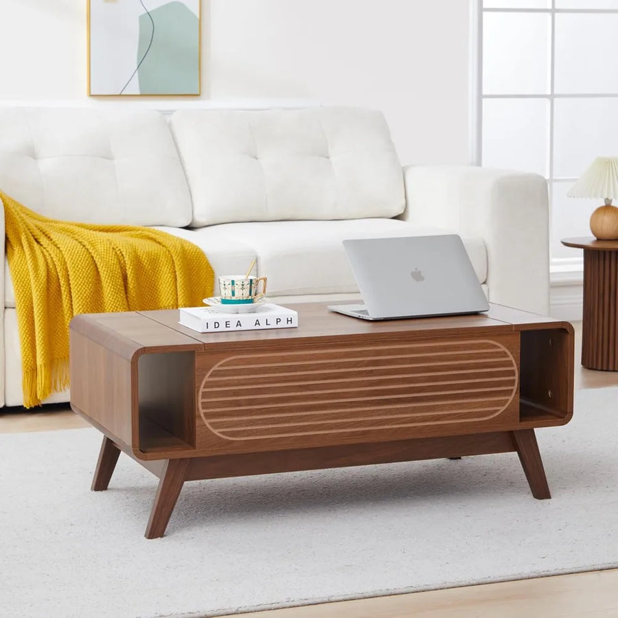 Belmont Collection | Curved Lift-Top Walnut Lift-Top - showcasing full sculptural form and curated finish in a Mid-Century Modern living room setting.