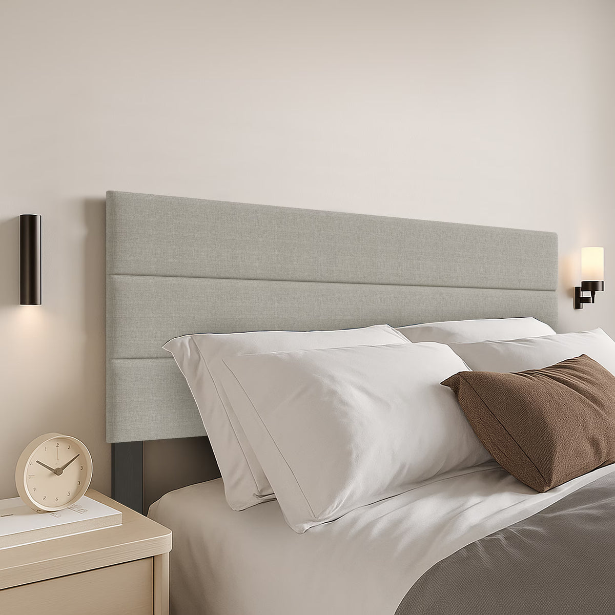 Etta Twin Upholstered Headboard with Channel Tufting and Foam Padding, Warm Gray, Easy Assembly