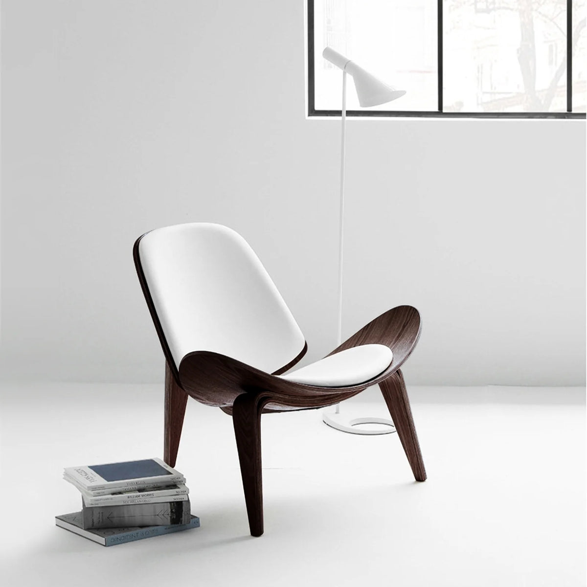 Shell Chair, Armless Mid Century Modern Accent Chair Faux Leather Shell Lounge Chair for Living Room, Tripod Side Chair with Padded Seat, (Walnut-White)