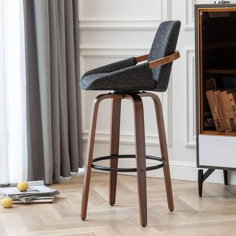 Astoria Collection | Geometric Round Charcoal Linen Swivel Barstool - showcasing full sculptural form and curated finish in a Mid-Century Modern dining room setting.
