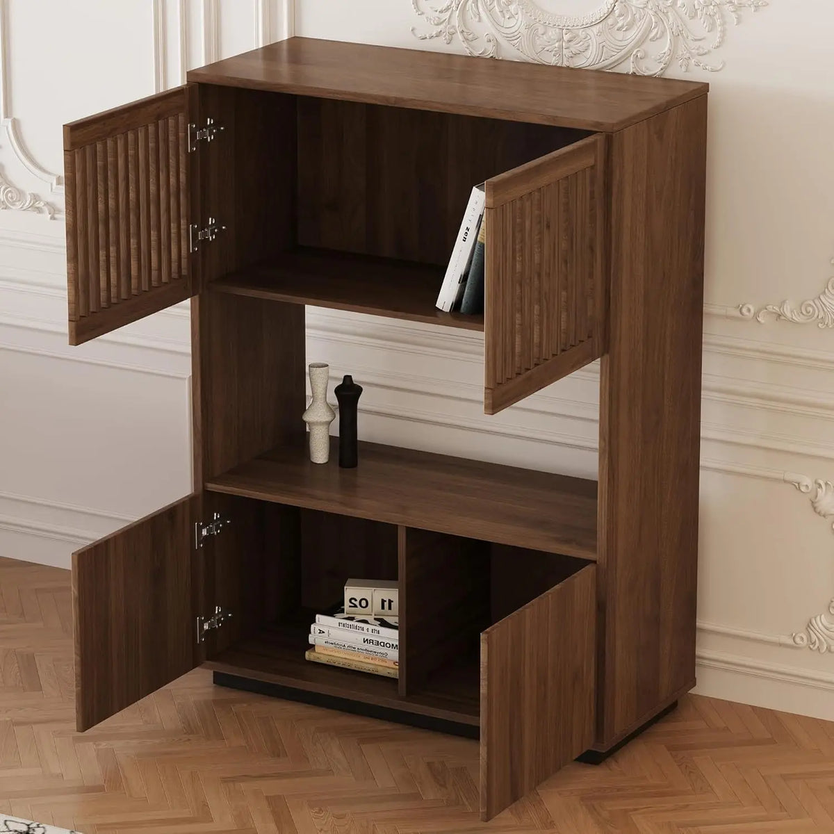 Dresden Collection | Compact Nordic Walnut Storage Cabinet - highlighting material texture and craftsmanship detail in a Mid-Century Modern living room setting.