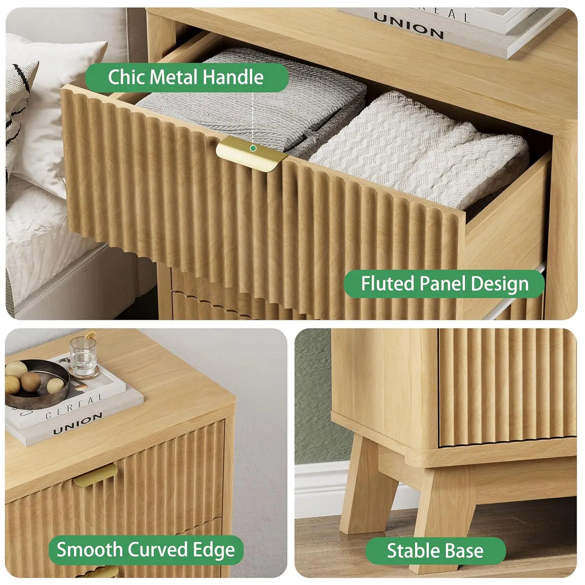 Astoria Collection | Fluted Brass-Accented Fluted Walnut Nightstand - highlighting material texture and craftsmanship detail in a Mid-Century Modern bedroom setting.