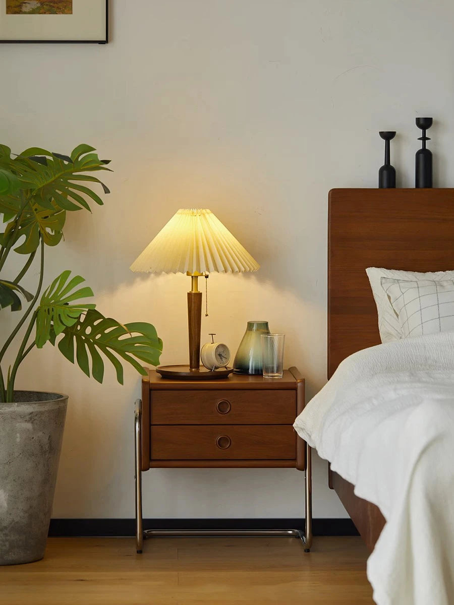 Ellington Collection | Tapered-Leg Atomic-Era Walnut Nightstand - showcasing full sculptural form and curated finish in a Mid-Century Modern bedroom setting.