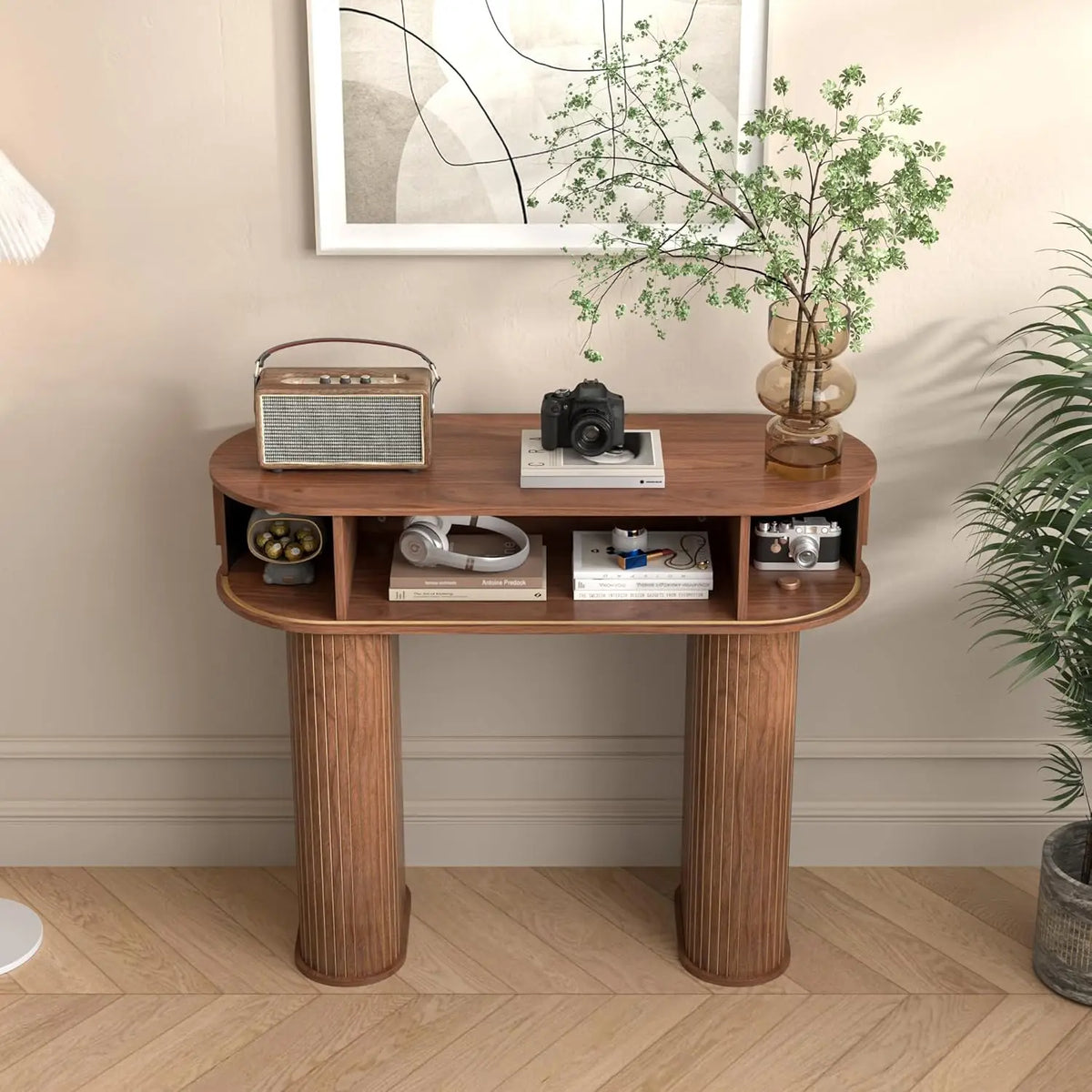 Fontaine Collection | Tapered-Leg Gold-Trimmed Walnut Round Console - captured in a curated lifestyle vignette in a Mid-Century Modern entryway setting.