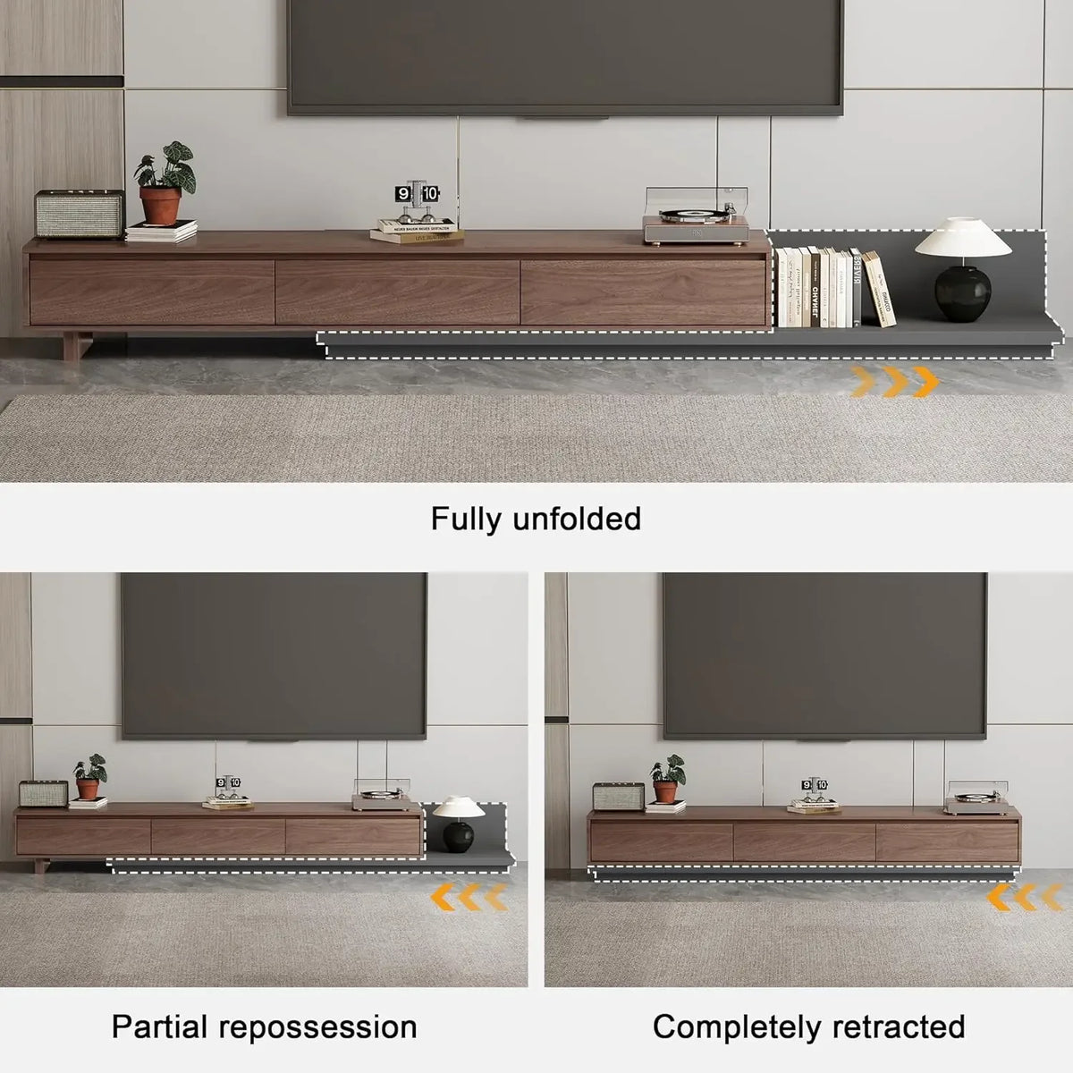 Fontaine Collection | Grand Brass-Accented Walnut Media Console - highlighting material texture and craftsmanship detail in a Mid-Century Modern entryway setting.