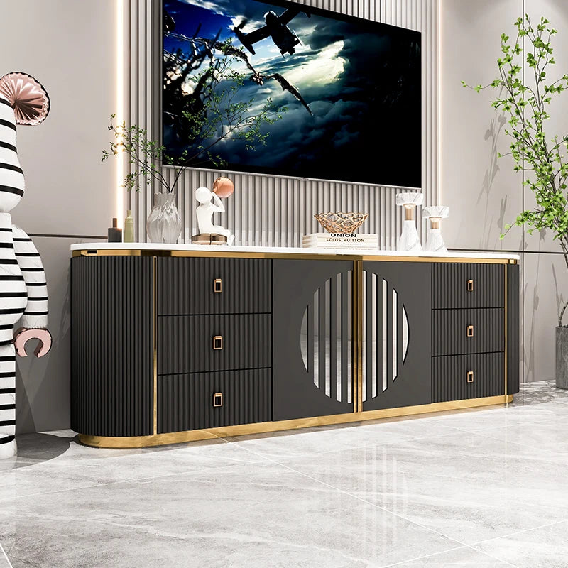 Belmont Collection | Tapered-Leg Brass-Accented Rich Walnut Media Console - detail view 14 revealing design nuance in a Mid-Century Modern entryway setting.