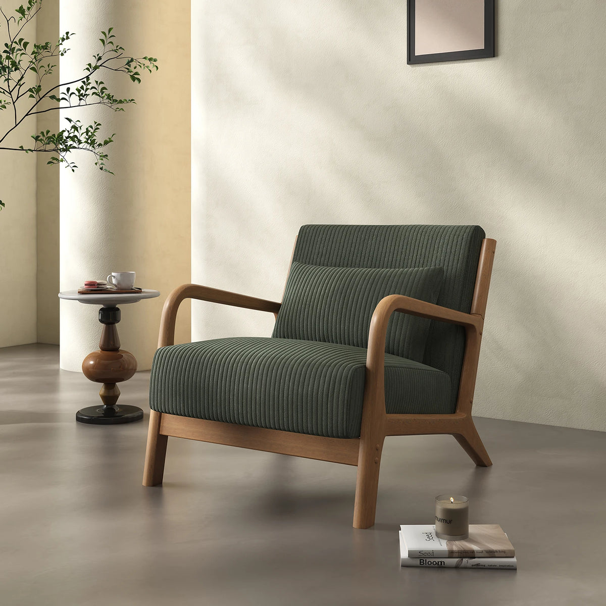Dresden Collection | Sculptural Velvet-Cushioned Velvet Accent Chair - highlighting material texture and craftsmanship detail in a Mid-Century Modern living room setting.