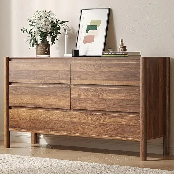 Belmont Collection | Tapered-Leg Desert-Modern Walnut 6-Drawer Dresser - framed in an editorial still-life composition in a Mid-Century Modern bedroom setting.