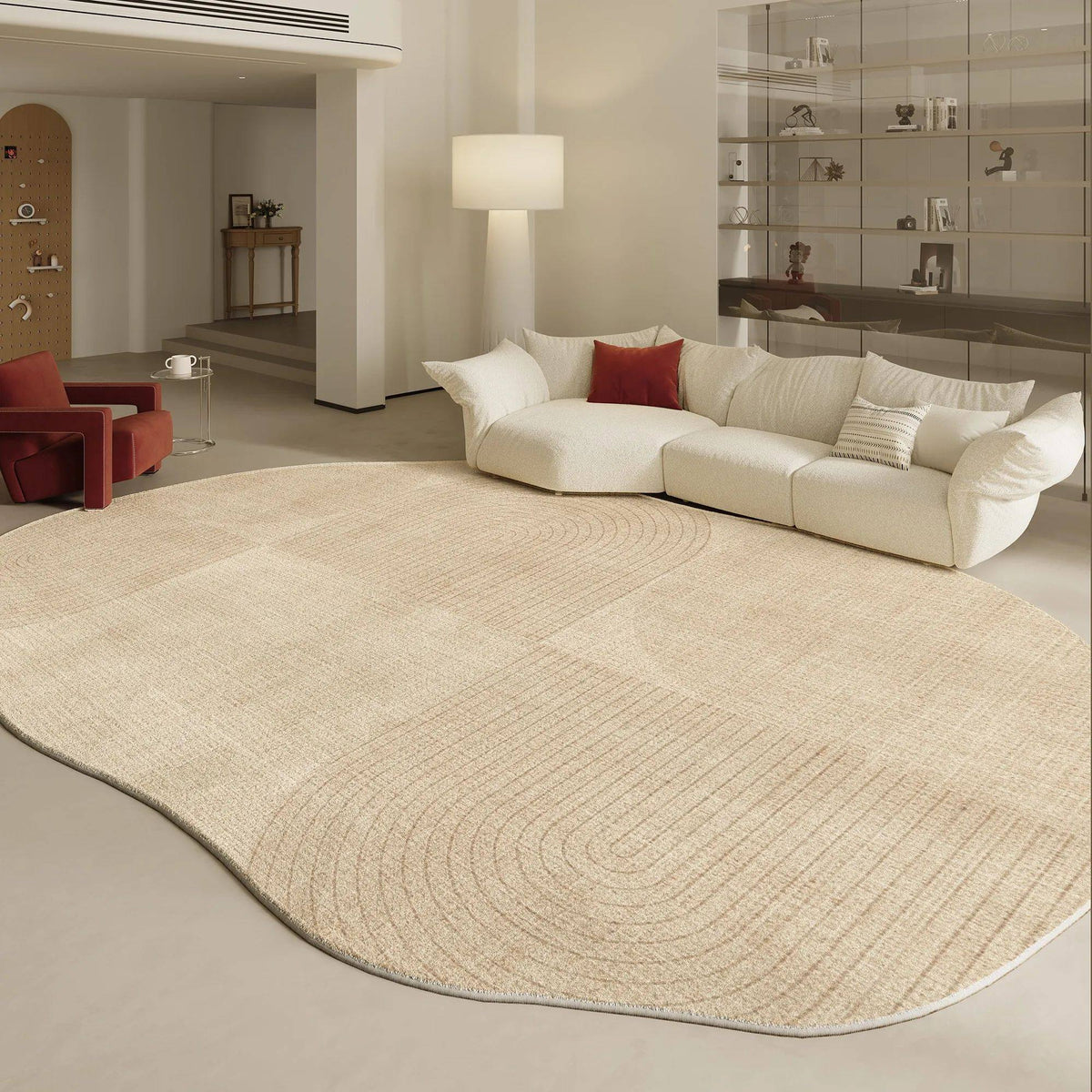 Fontaine Collection | Geometric Atomic-Era Irregular-Form Carpet - demonstrating proportional harmony within the collection in a Mid-Century Modern living room setting.