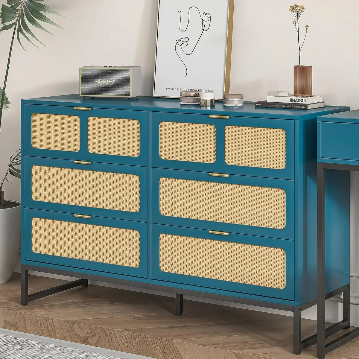 Belmont Collection | Tapered-Leg Brass-Accented Walnut Six-Drawer Dresser - highlighting material texture and craftsmanship detail in a Mid-Century Modern bedroom setting.