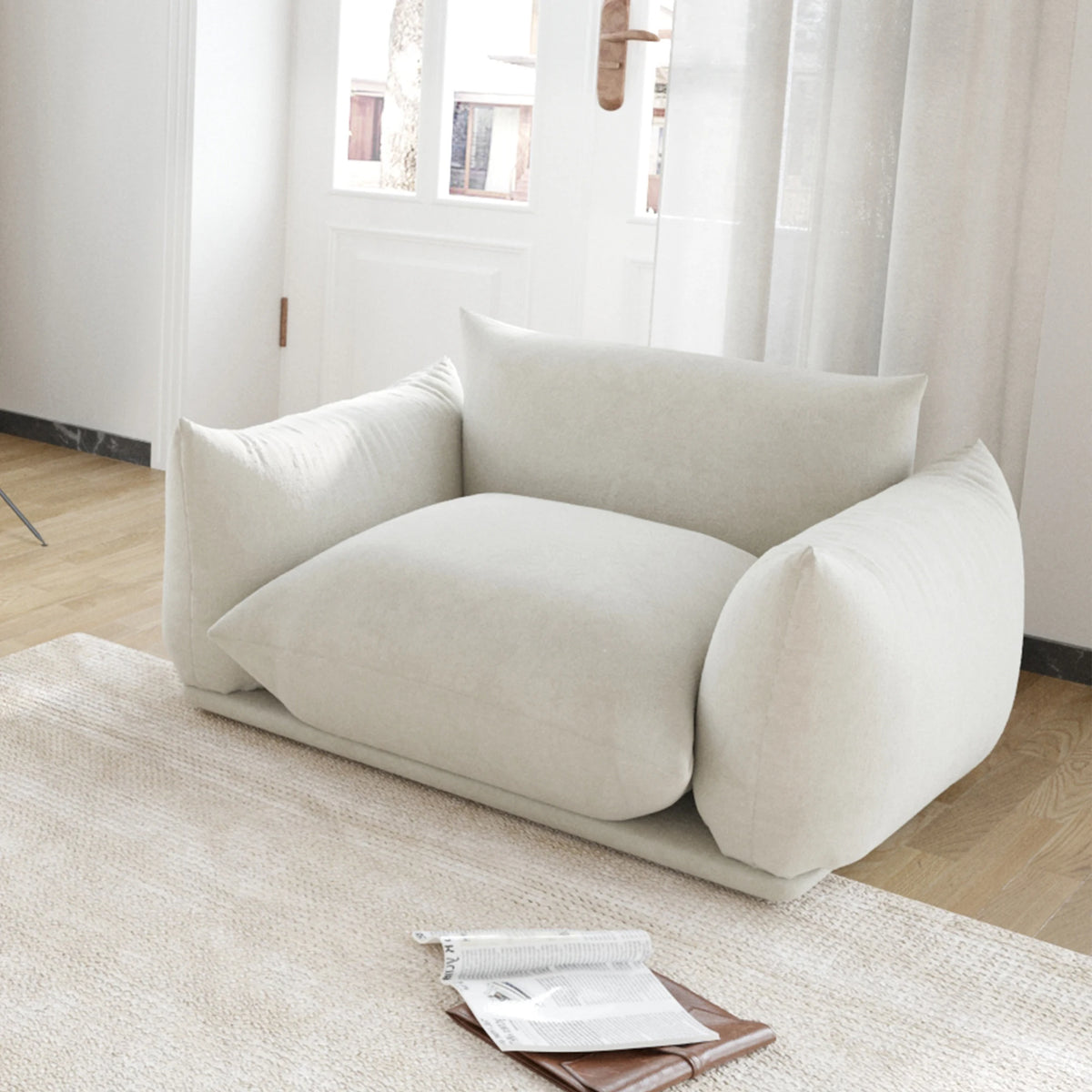 Valencia Collection | Gold-Trimmed Atomic-Era Chenille Accent Chair - styled from an alternate angle revealing dimensional depth in a Mid-Century Modern living room setting.