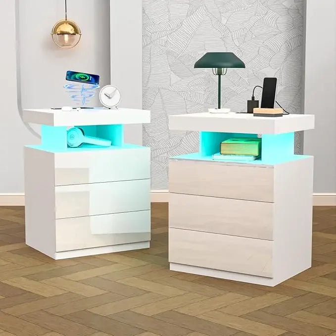 Meridian Collection | Streamlined Brass-Accented LED Nightstand with Charging - featuring close-up joinery and artisanal finish quality in a Mid-Century Modern bedroom setting.