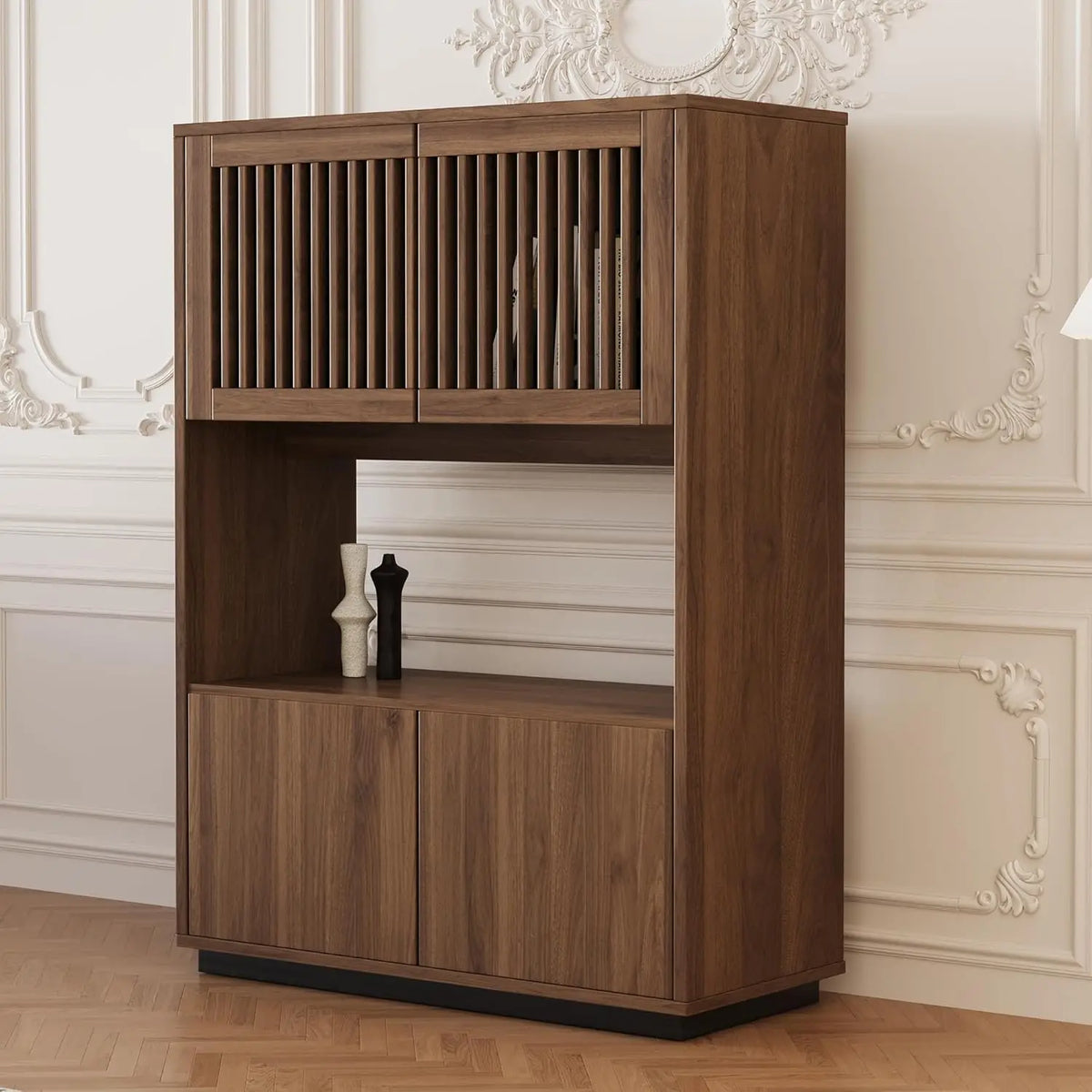 Dresden Collection | Compact Nordic Walnut Storage Cabinet - revealing tonal warmth and surface patina under ambient light in a Mid-Century Modern living room setting.