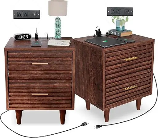 Ellington Collection | Geometric Brass-Accented Walnut Charging Nightstand - showcasing full sculptural form and curated finish in a Mid-Century Modern bedroom setting.