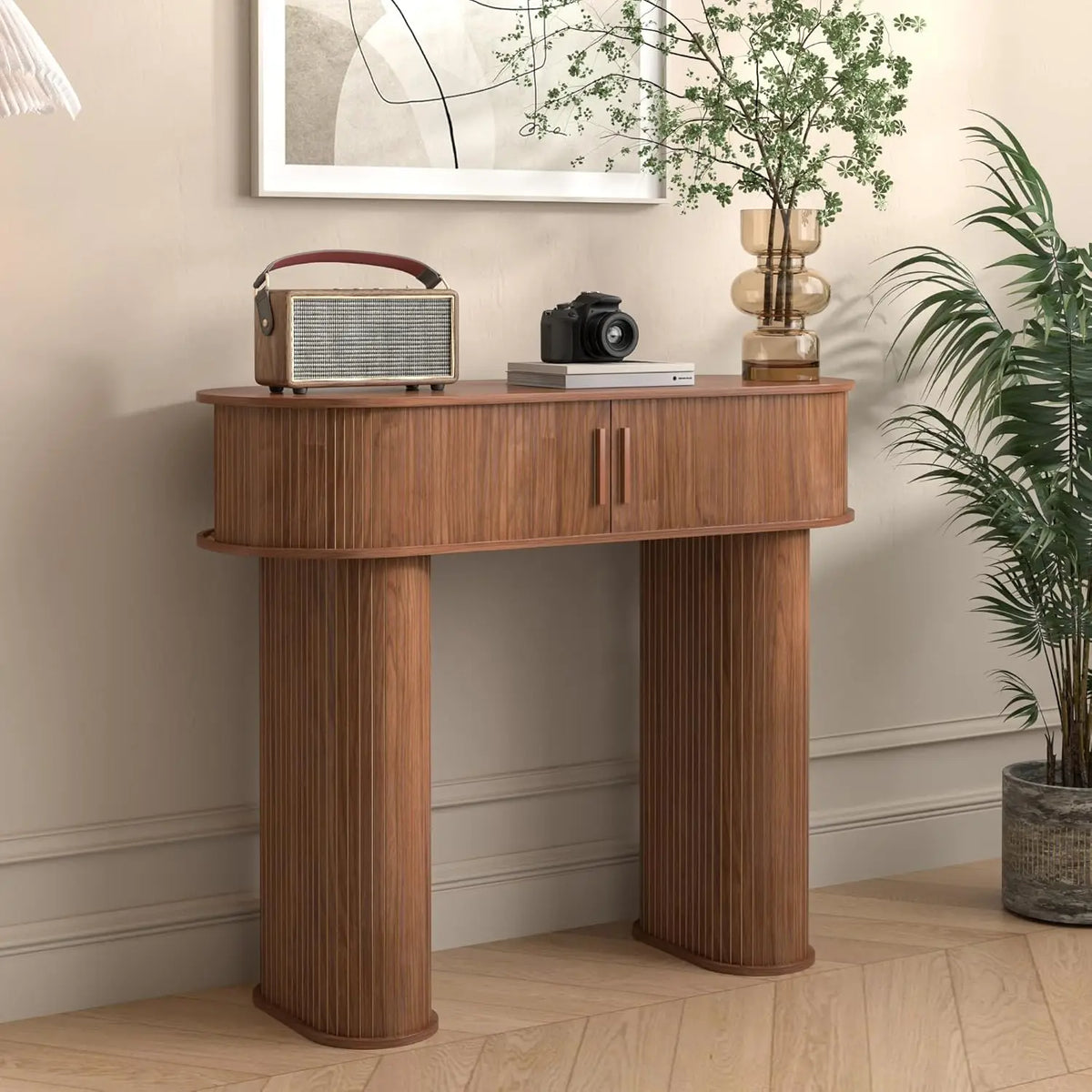 Fontaine Collection | Tapered-Leg Gold-Trimmed Walnut Round Console - presented at scale within a designed interior in a Mid-Century Modern entryway setting.