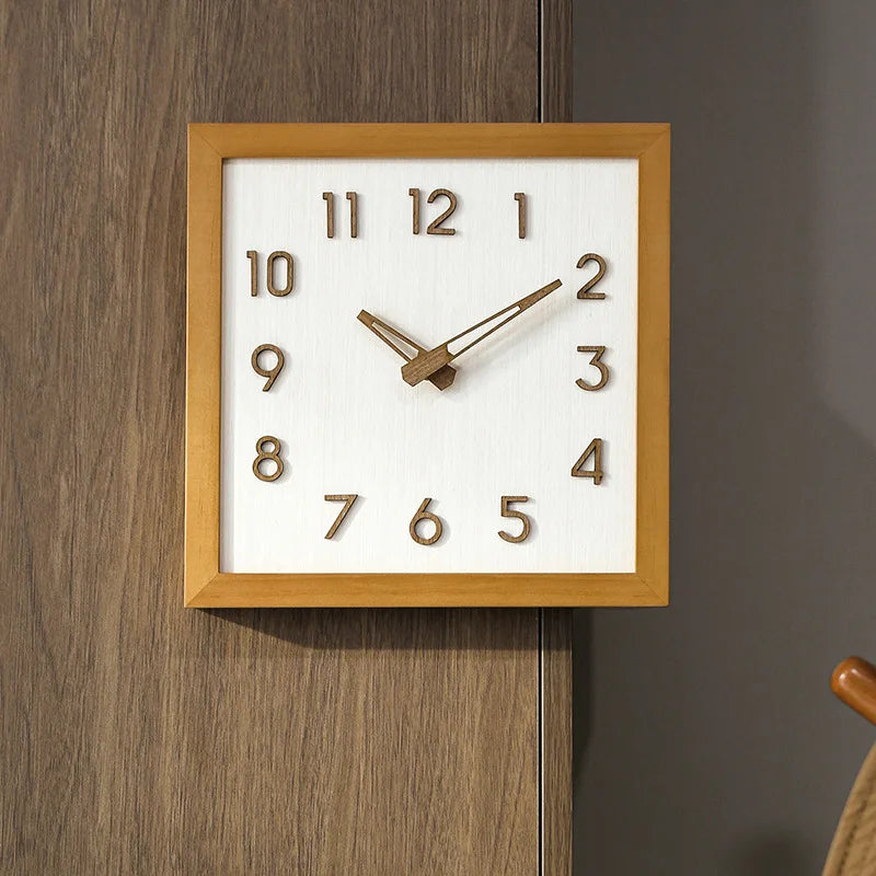 Dresden Collection | Sculptural Atomic-Era Dual-Sided Walnut Clock - styled from an alternate angle revealing dimensional depth in a Mid-Century Modern living room setting.