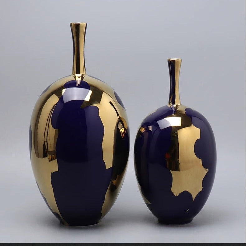 Fontaine Collection | Sculptural Gold-Trimmed Ceramic & Gold Leaf Vase - styled from an alternate angle revealing dimensional depth in a Mid-Century Modern living room setting.