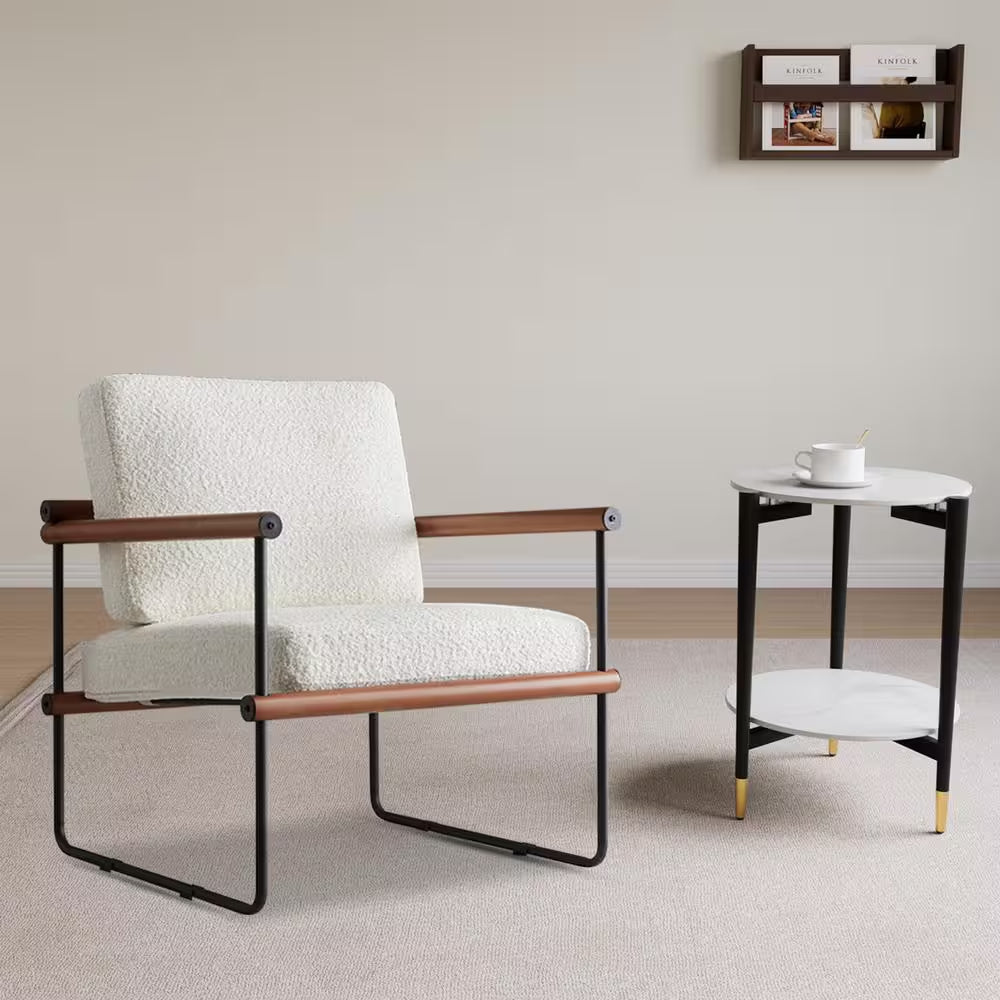 16.7 In. White round Slate Stone Coffee Table and Single Upholstered Armchair with 3 Pieces