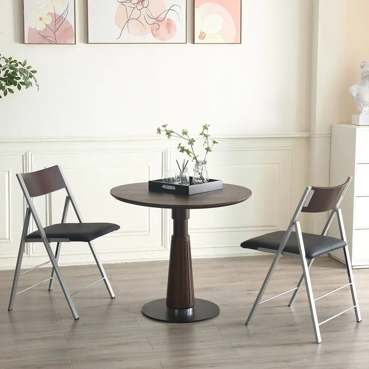 Astoria Collection | Round Walnut & Brass Dining Table - featuring close-up joinery and artisanal finish quality in a Mid-Century Modern dining room setting.