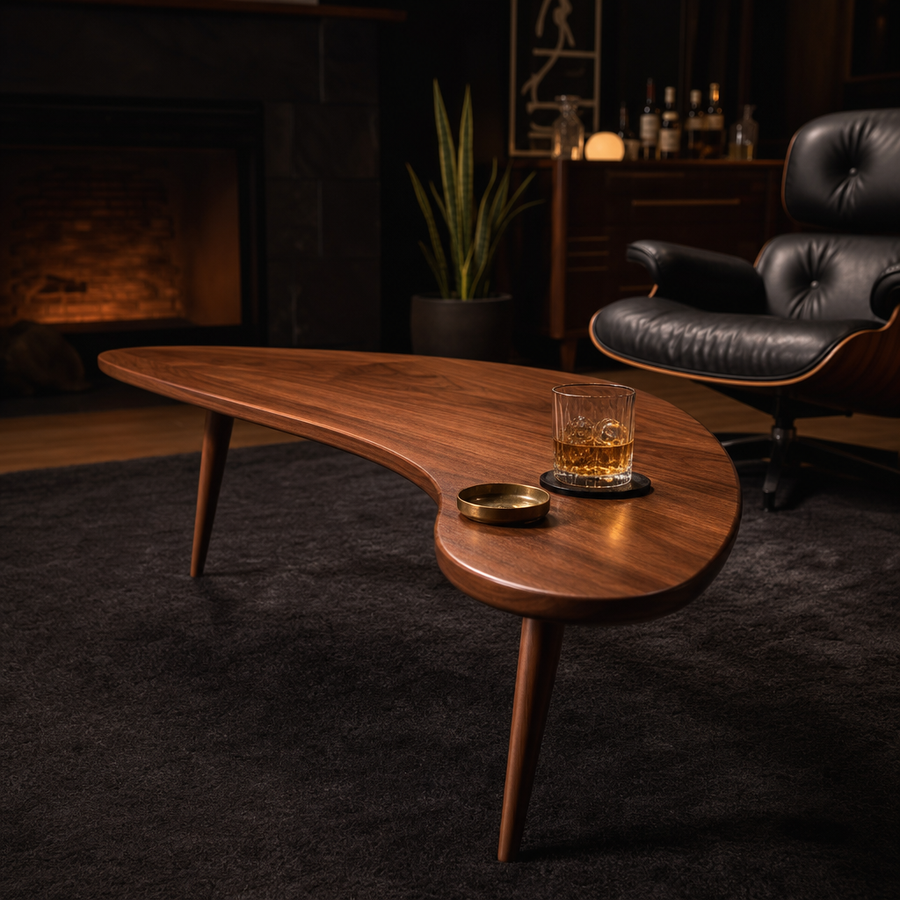 Meridian Collection | Tapered-Leg Atomic-Era Walnut Boomerang Table - showcasing full sculptural form and material finish in a Mid-Century Modern living room setting.
