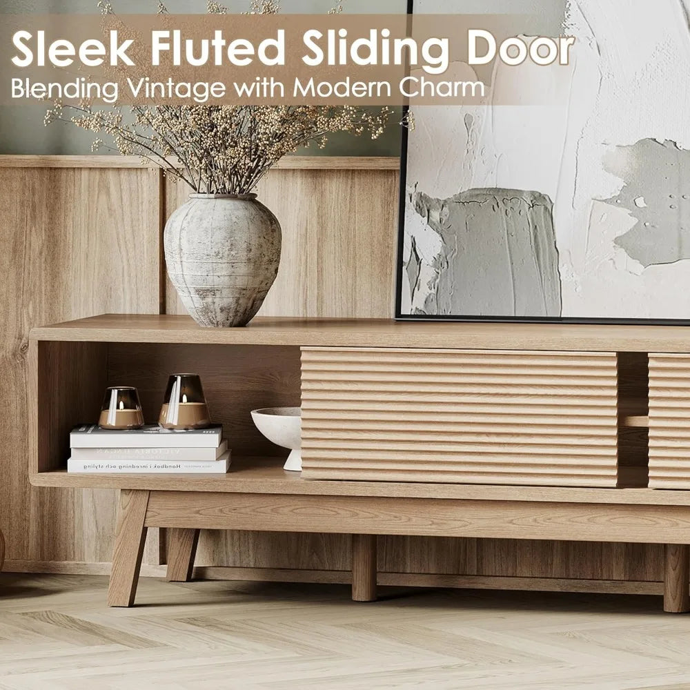 Dresden Collection | Fluted Desert-Modern Fluted Oak Media Console - revealing tonal warmth and surface patina under ambient light in a Mid-Century Modern entryway setting.