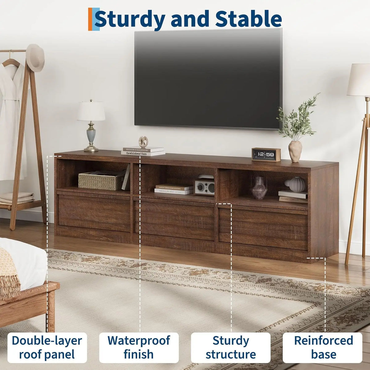 Dresden Collection | Tapered-Leg Brass-Accented Walnut Media Console - presented at scale within a designed interior in a Mid-Century Modern entryway setting.