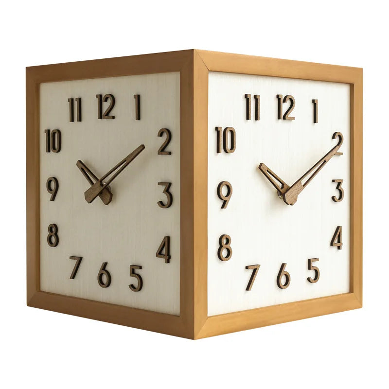 Dresden Collection | Sculptural Atomic-Era Dual-Sided Walnut Clock - demonstrating proportional harmony within the collection in a Mid-Century Modern living room setting.