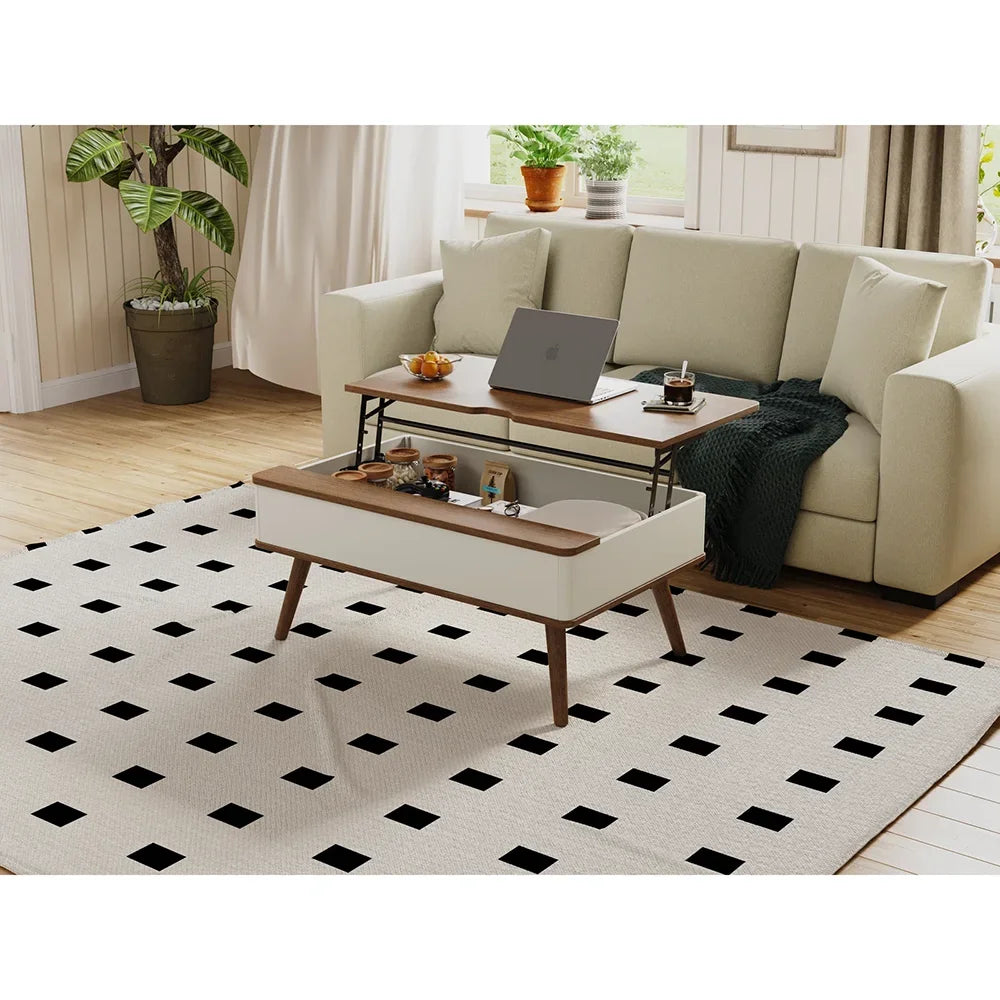 Ellington Collection | Tapered-Leg Brass-Accented Walnut Lift-Top - featuring close-up joinery and artisanal finish quality in a Mid-Century Modern living room setting.