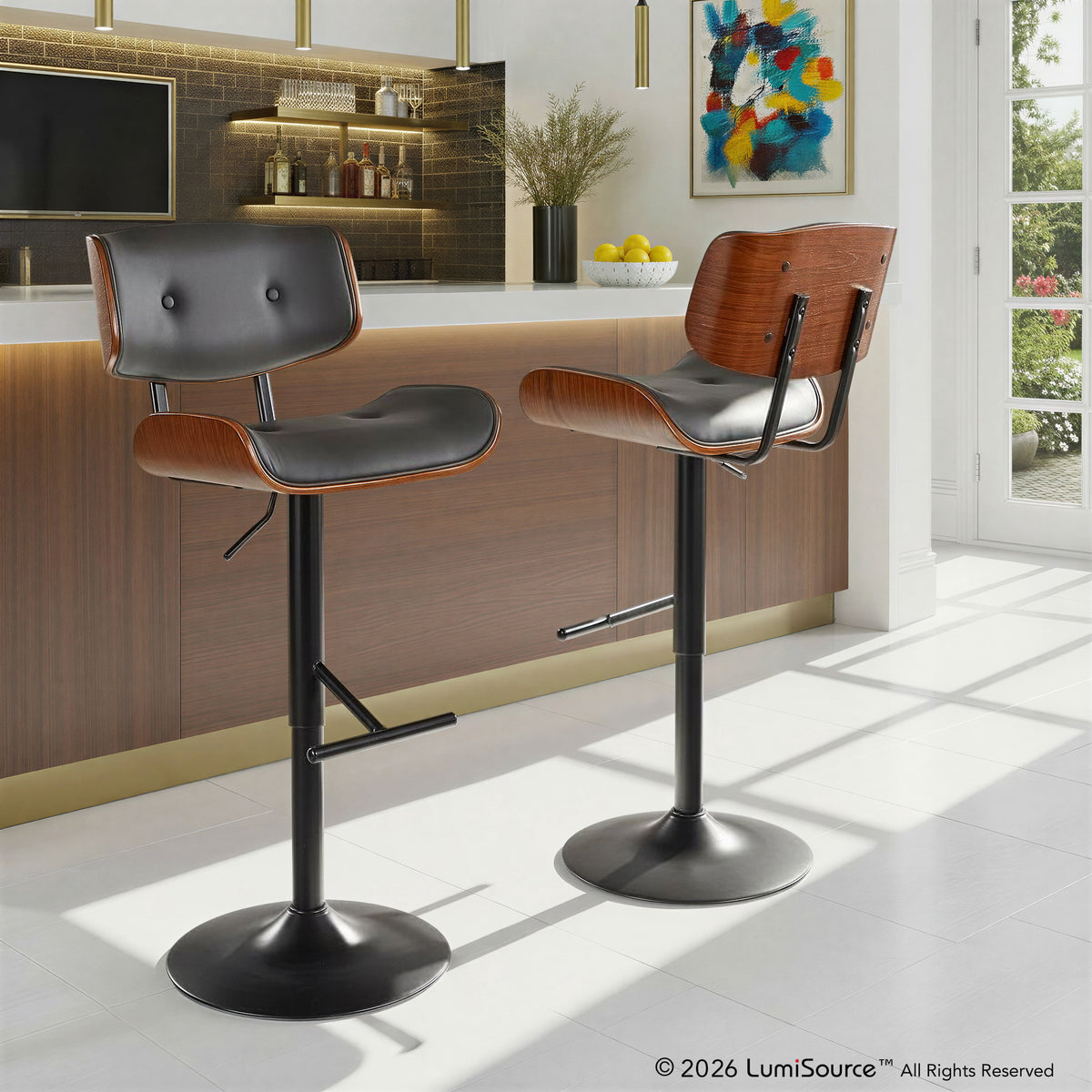 Lombardi Mid-Century Modern Adjustable Barstool in Walnut with Grey Faux Leather by