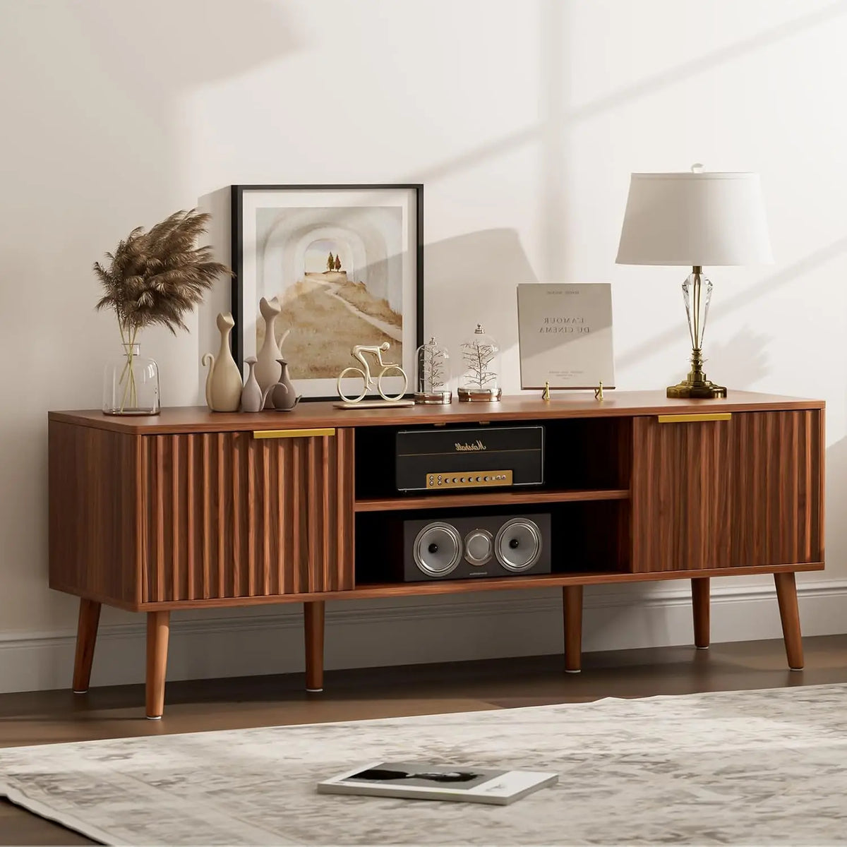 Ellington Collection | Panoramic Fluted Walnut Console - styled from an alternate angle revealing dimensional depth in a Mid-Century Modern entryway setting.