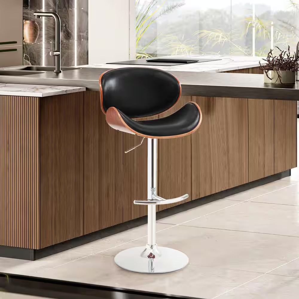 Naples Bar Stool in Chrome with Black Pu Upholstery and Walnut Veneer Back
