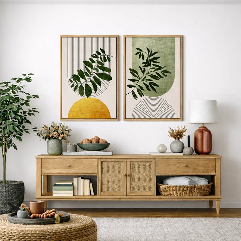 Mid Century Modern Boho "Bold Bright Yellow & Green Leaves Artwork, Abstract Botanical Neutral Wall Pictures, Framed Canvas Giclée Print 3 Pieces Wall Art"