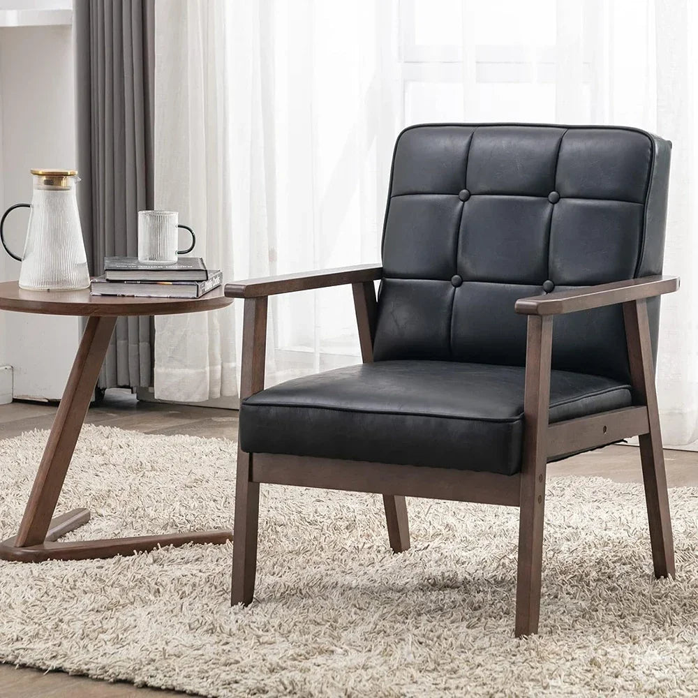 Belmont Collection | Sculptural Leather-Wrapped Cognac Leather Accent Chair - styled from an alternate angle revealing dimensional depth in a Mid-Century Modern living room setting.